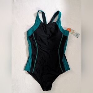 One Piece Swimsuit, size medium, emerald green & black color, Athletic Racerback